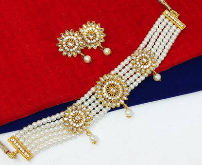 Kundan Studded Multistrand Pearl Choker Necklace Set