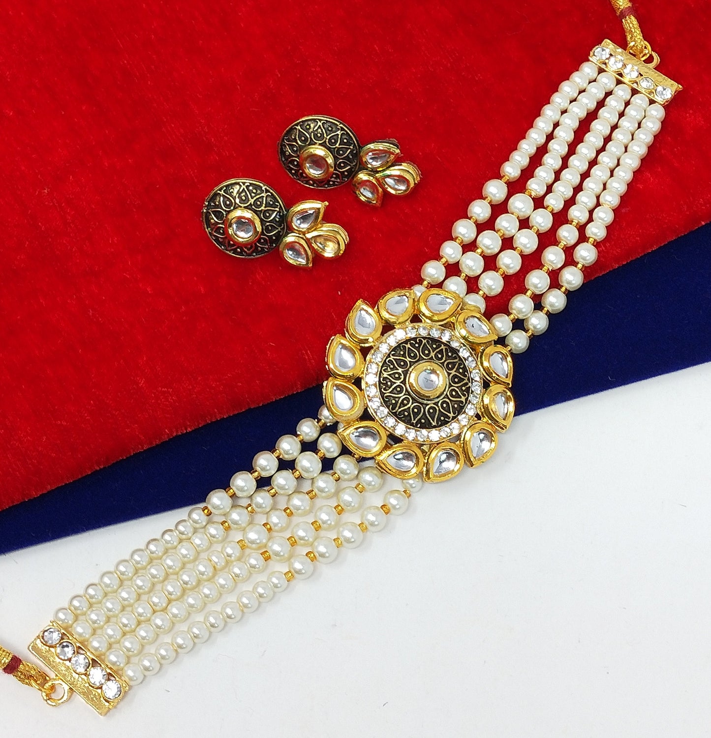 Kundan Studded Multistrand Pearl Choker Necklace Set