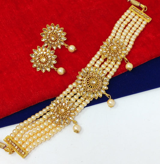 Kundan Studded Multistrand Pearl Choker Necklace Set