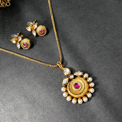 Statement Pearl Red Kundan Pendant And Earrings Set