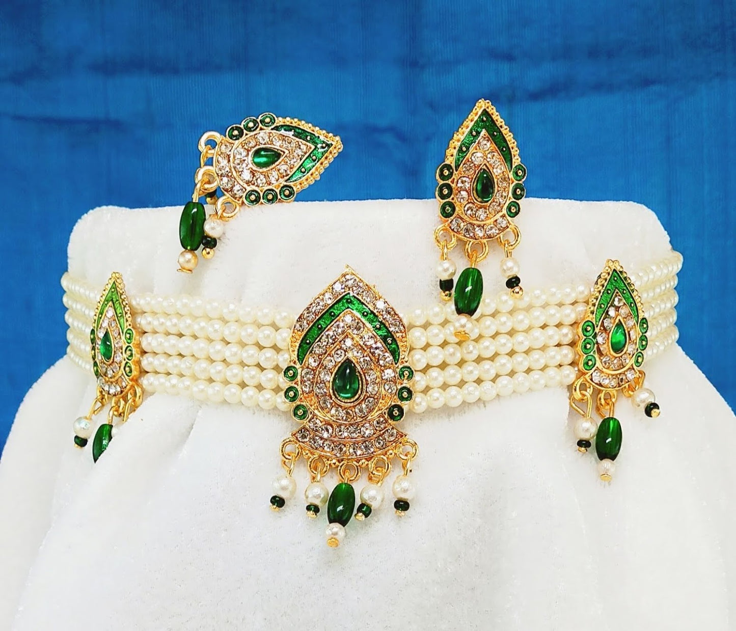 Green AD Pearl Moti Choker Jewelry Set