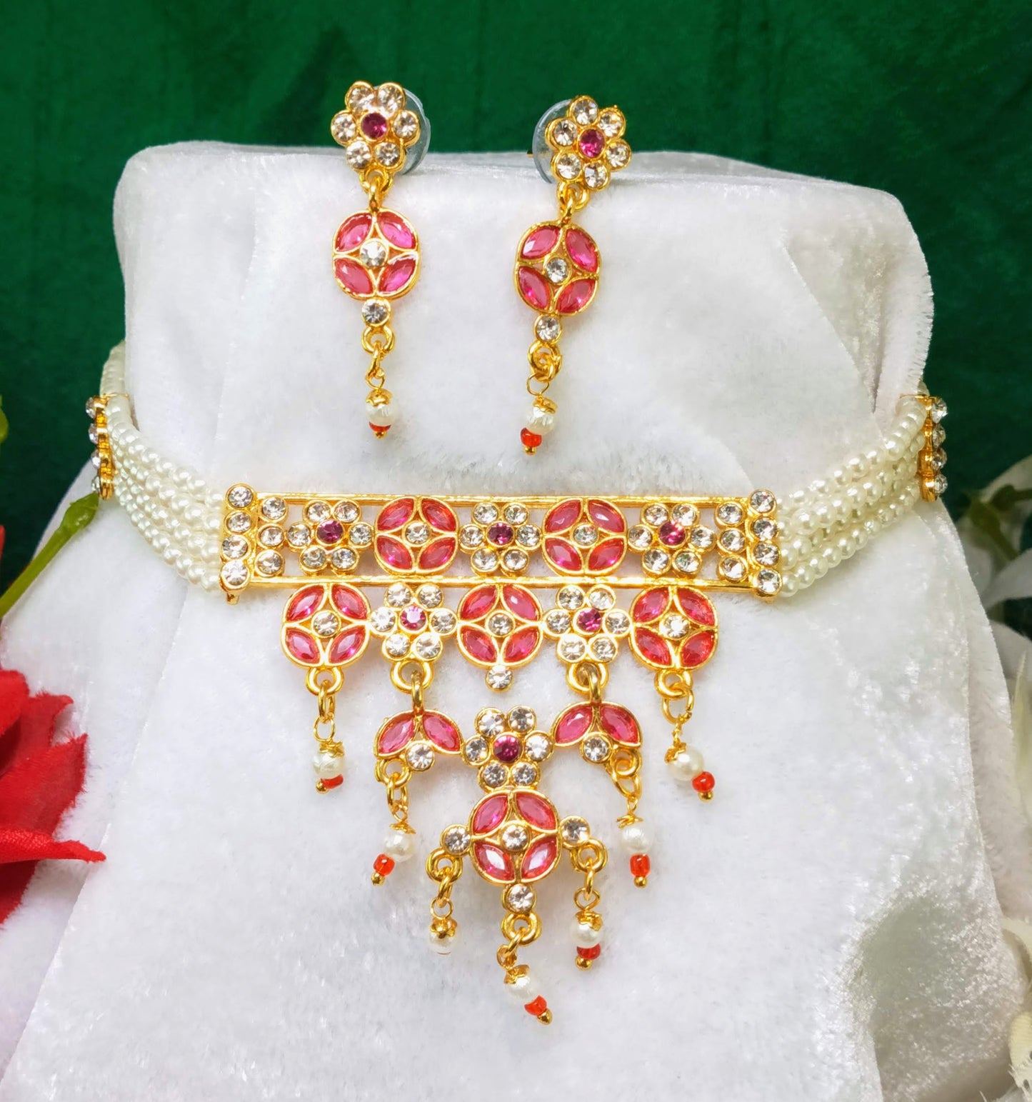 Beautiful Red Touch Moti Haar Choker Jewelry Set