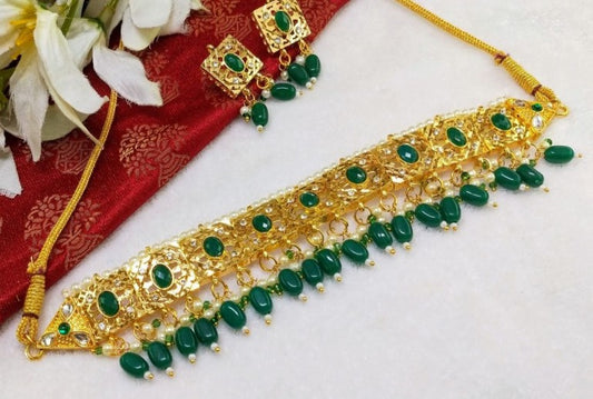 Gold Plated Green Pearl Choker Jewellery Set