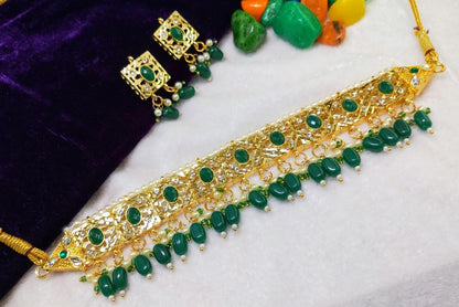 Gold Plated Green Pearl Choker Jewellery Set