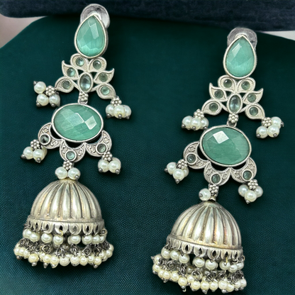 Long German Silver Jhumkha Earrings