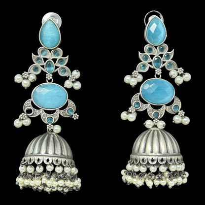 Long German Silver Jhumkha Earrings