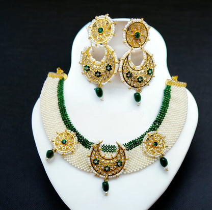 Handcrafted Gold Plated White Green Pearl Choker Jewellery Set