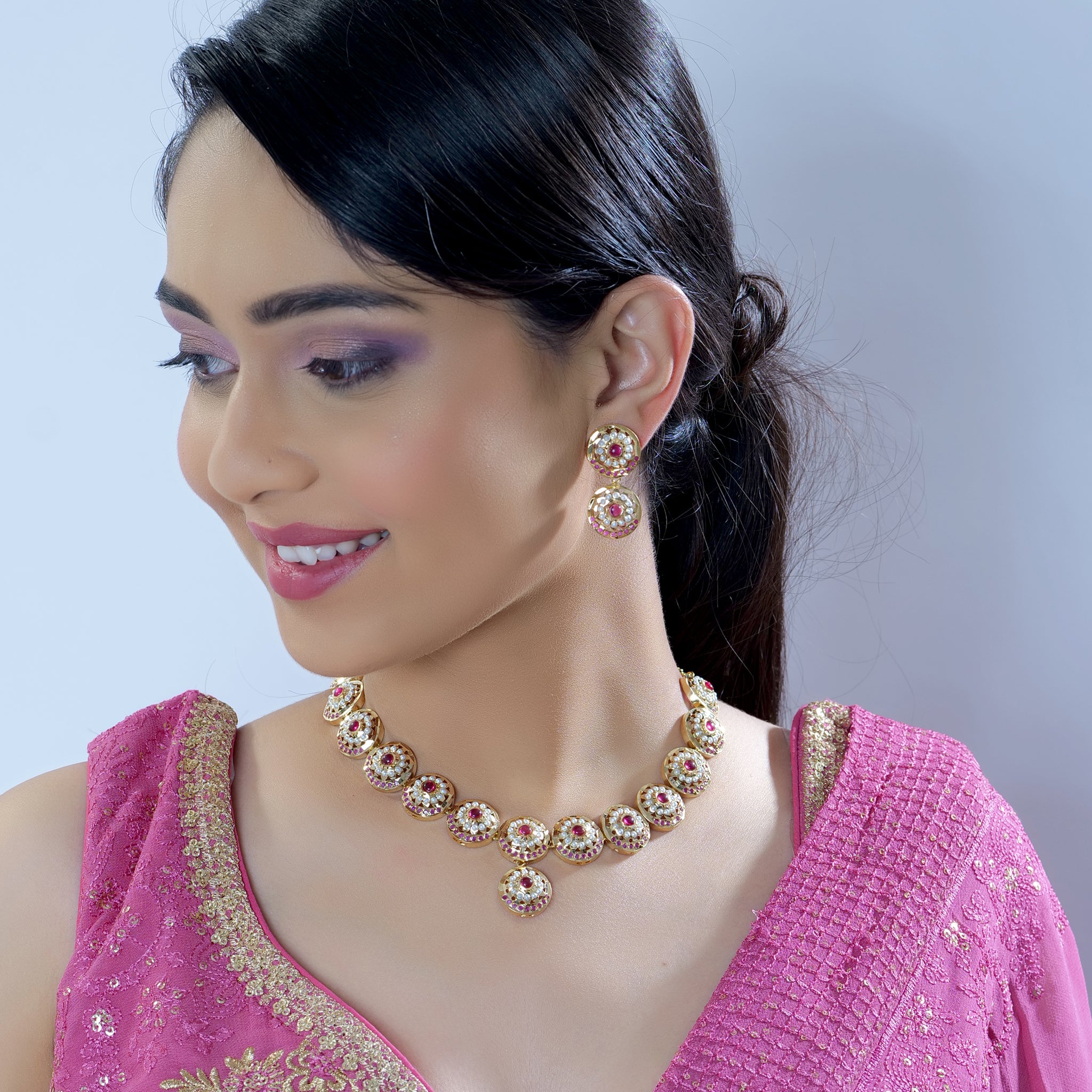 Gold Plated Pearl Studded Jadau Necklace Set – Tied Roots