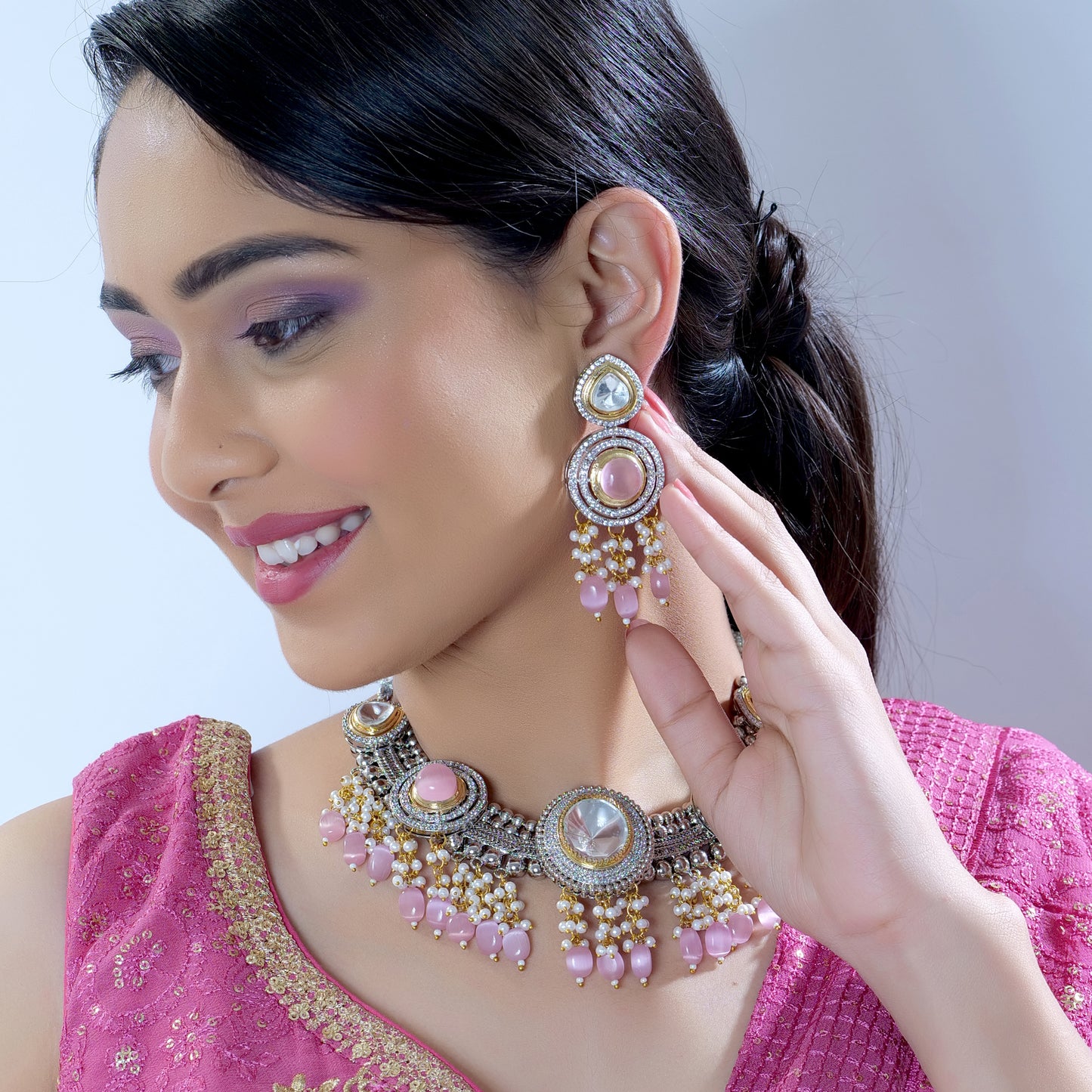 Pink Pearl Uncut Polki Kundan Jewelry Set - Elegant & Enchanting Accessories for Timeless Style