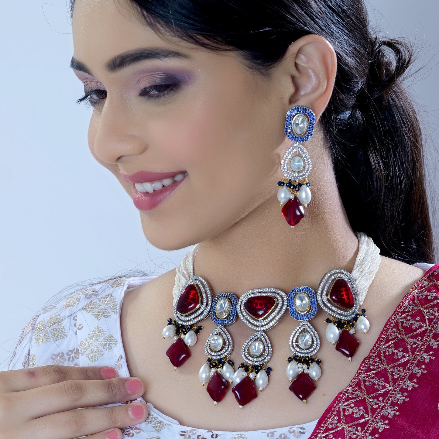 Designer CZ Studded Kundan Uncut Polki Jewelry Set