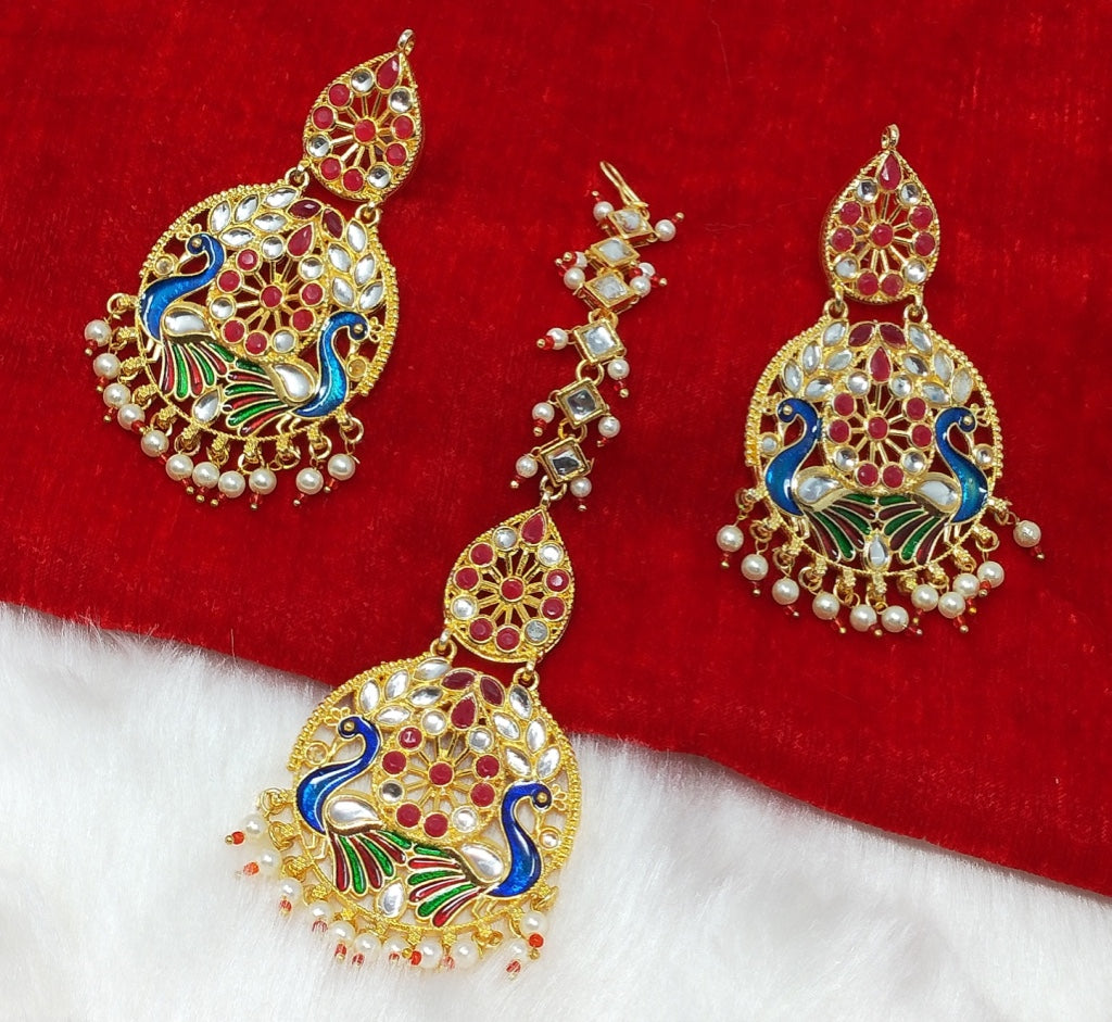 Amazon.com: I Jewels Gold Plated Indain Wedding Bollywood Pearl Hanging  Kundan Stone Studed Chandbali Earring With Maang Tikka For Women/Girls  (TE3028G): Clothing, Shoes & Jewelry