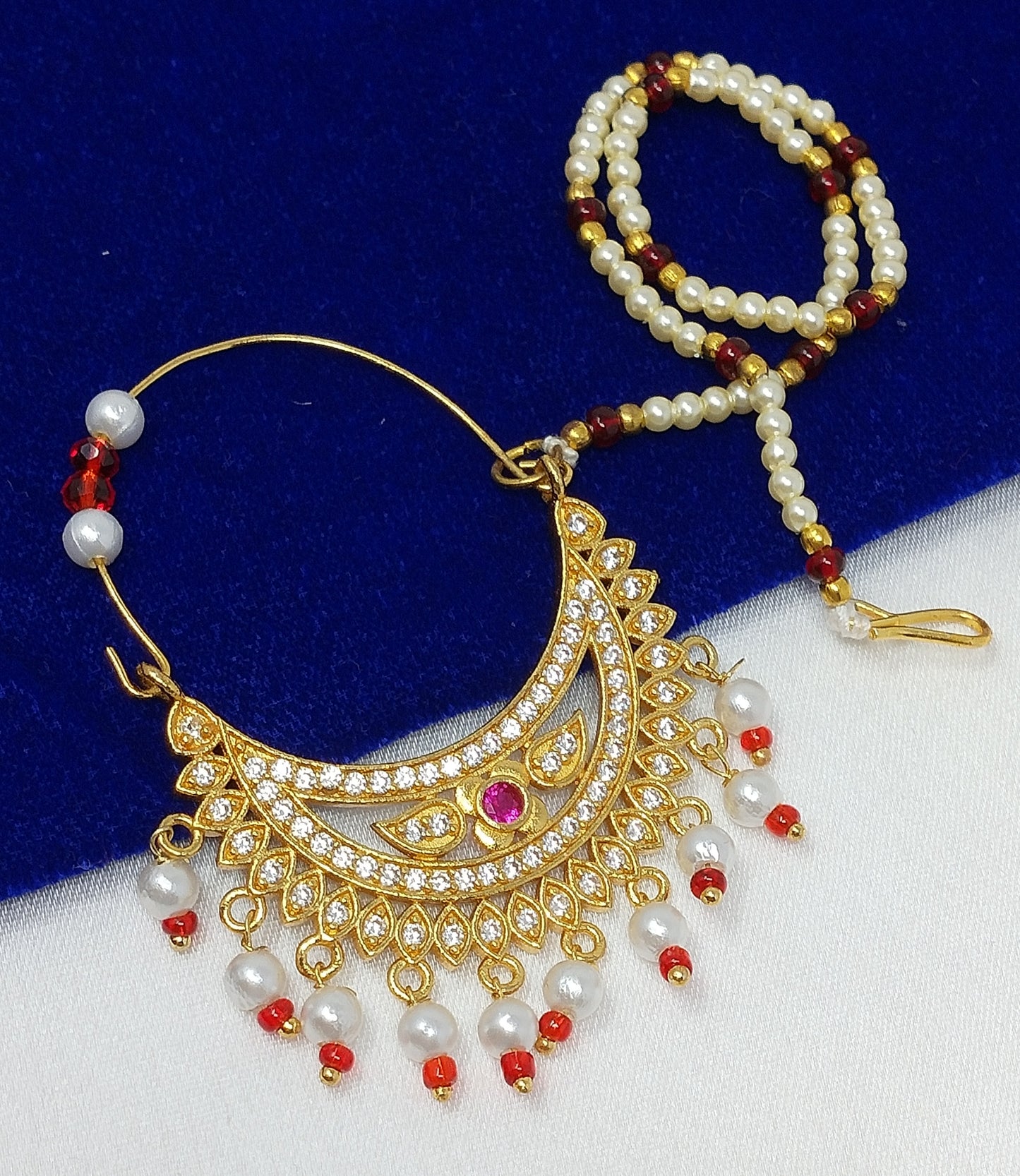 Gold Plated Nose Pin Nathni  with Pearl Chain