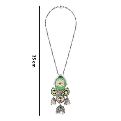 Green Stones Dual Tone Antique Oxidised Long Chain Necklace Set