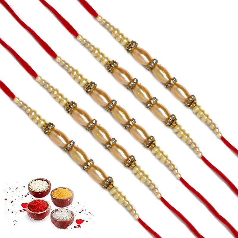 Red Thread White Cream Beads Rakhi For Brother