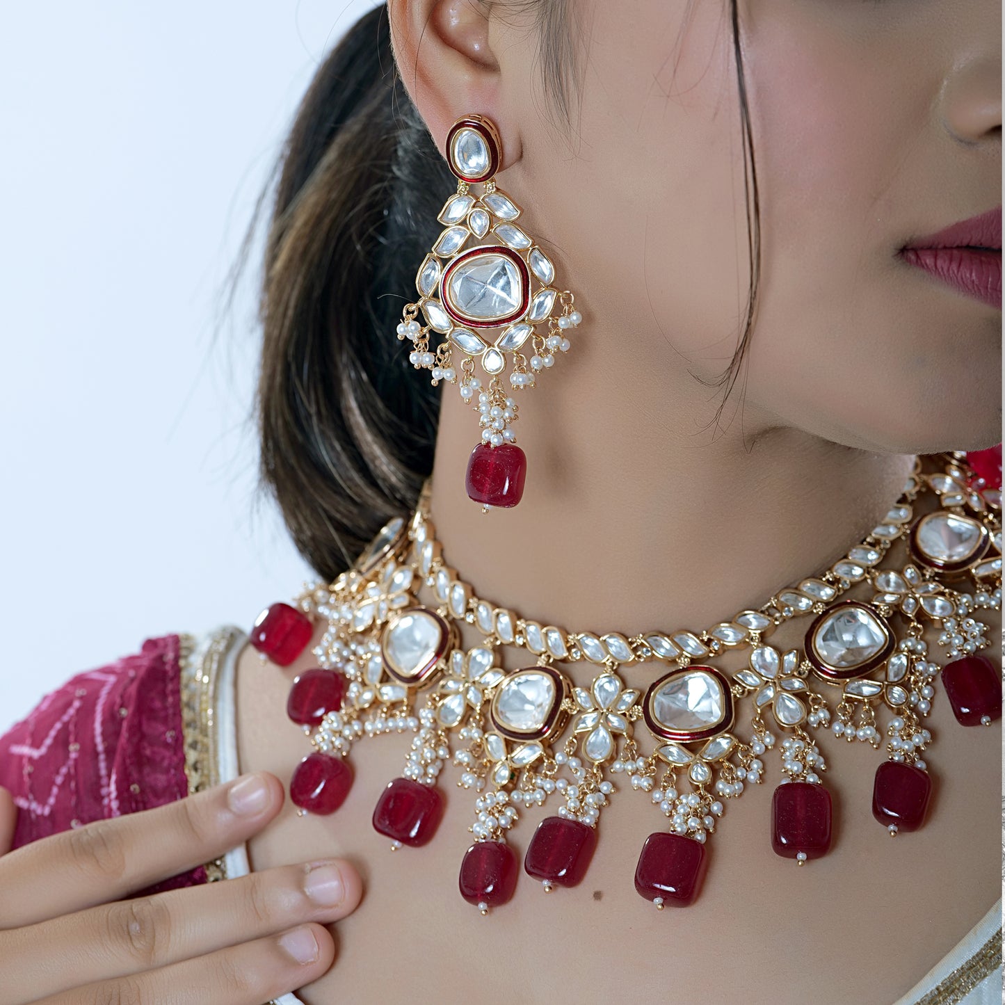 Round Cut Red Pearl Uncut Polki Kundan Bridal Jewelry Set