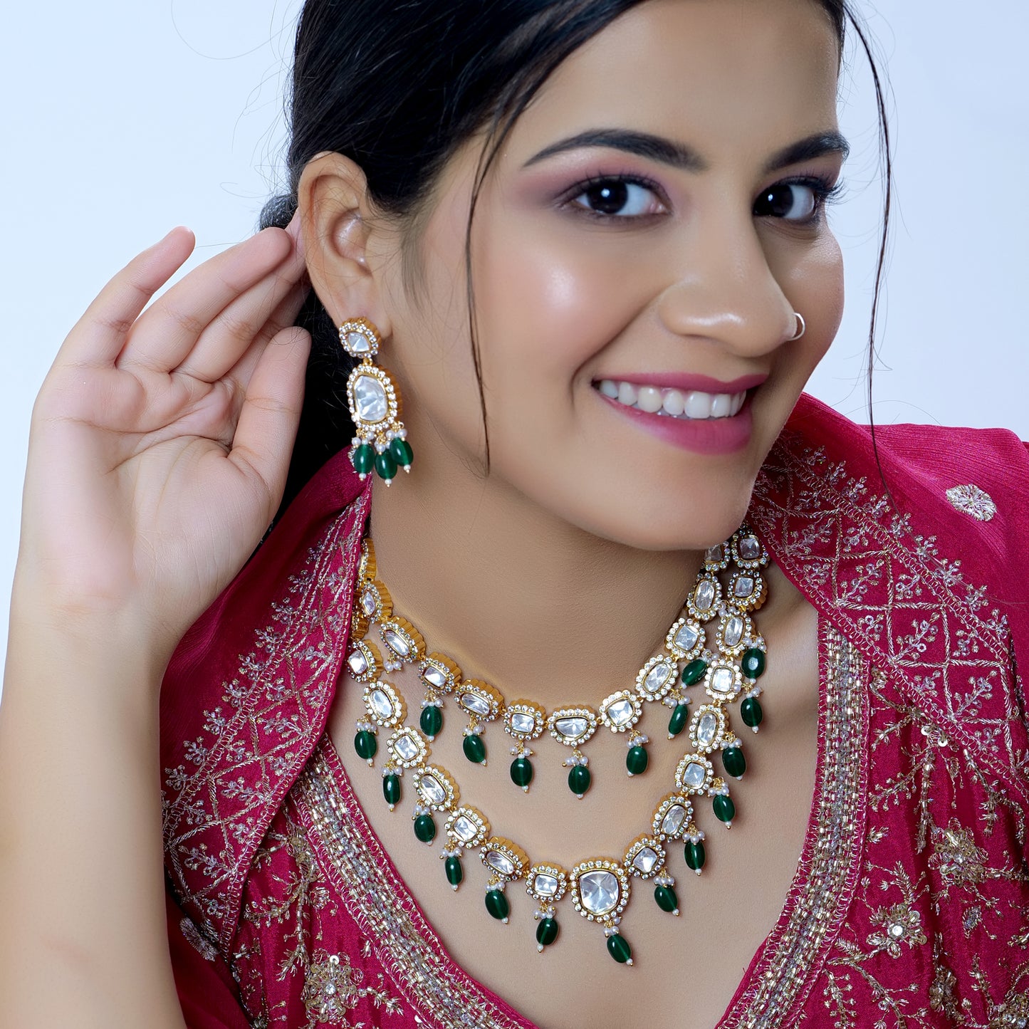 Two Layered Green Pearl CZ Studded Uncut Polki Kundan Jewelry Set