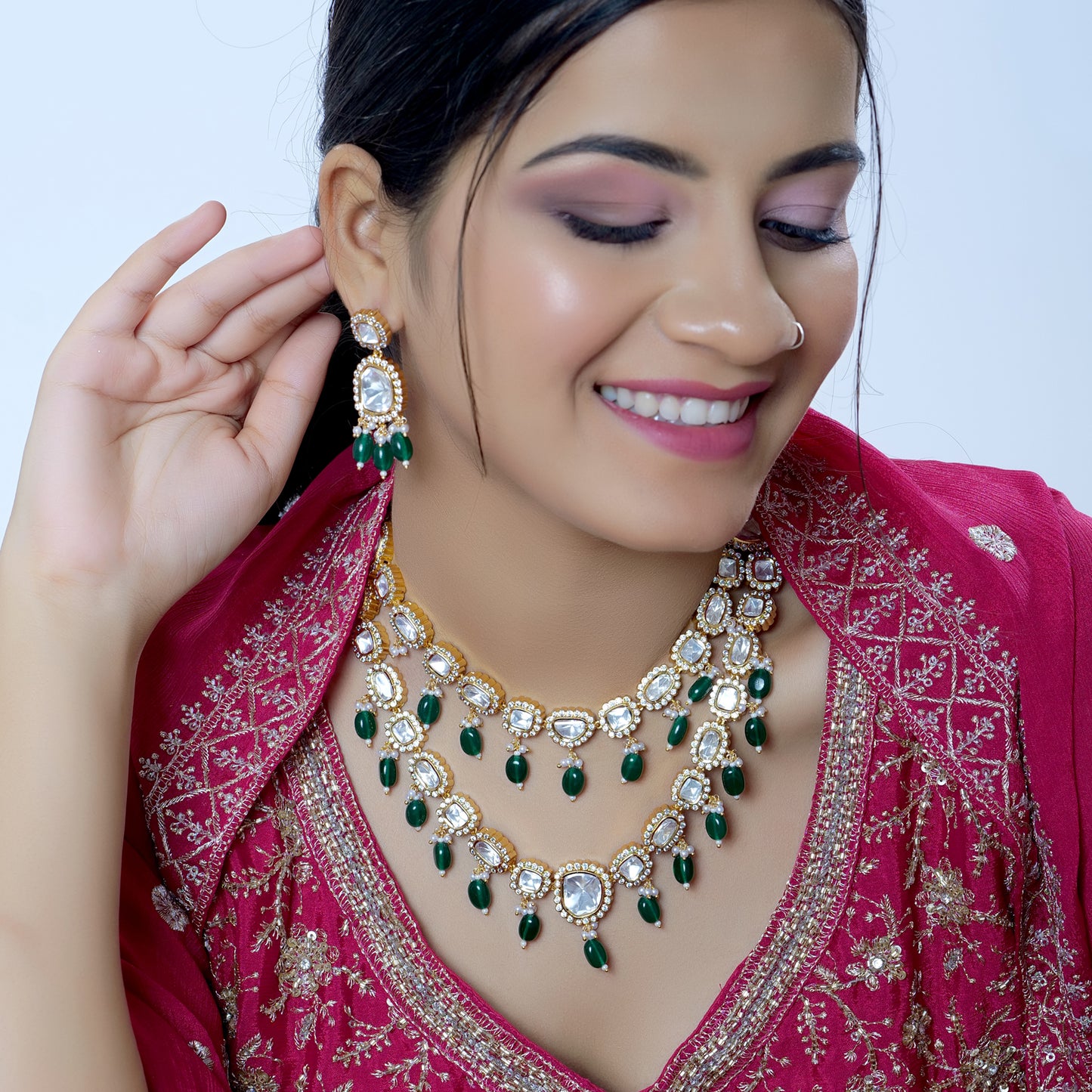 Two Layered Green Pearl CZ Studded Uncut Polki Kundan Jewelry Set