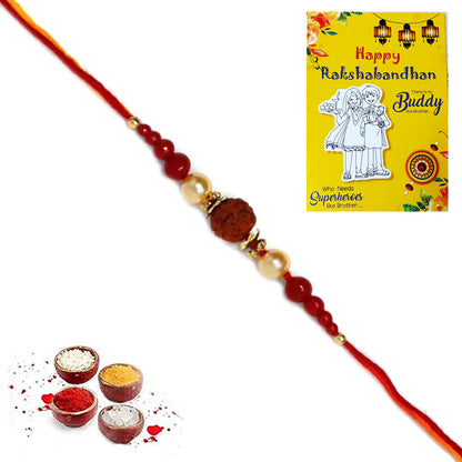 Big Single Rudraksh Red Pearl Rakhi for Brother