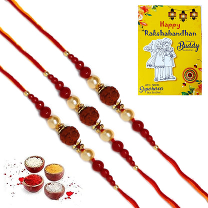 Big Single Rudraksh Red Pearl Rakhi for Brother