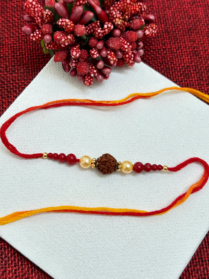 Big Single Rudraksh Red Pearl Rakhi for Brother