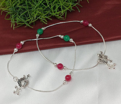 Multicolored Beads Silver Plated Anklets