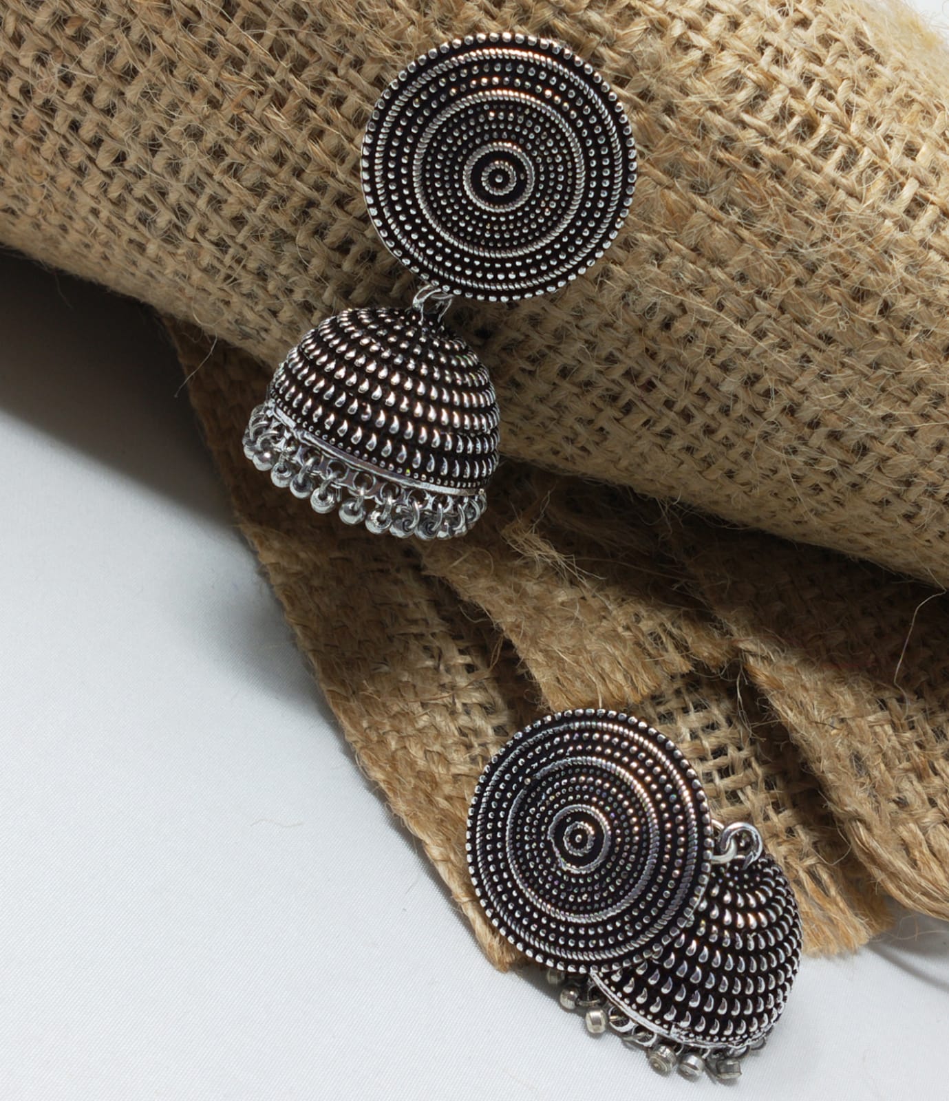 German Silver-Toned Bell-Shaped Jhumka Earrings