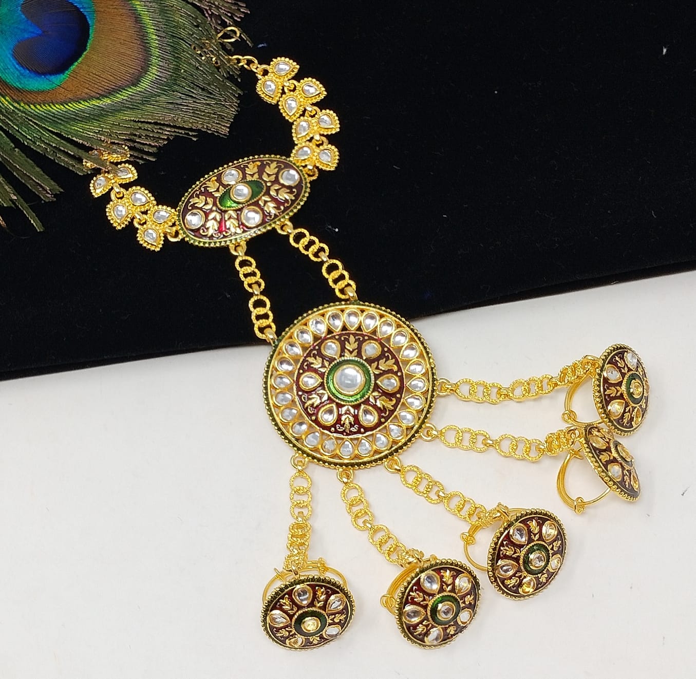 Traditional Gold Plated Kundan Hathphol Ring Bracelets