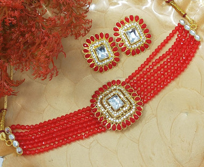 Red Pearl Choker Square Pendent Jewelry Set