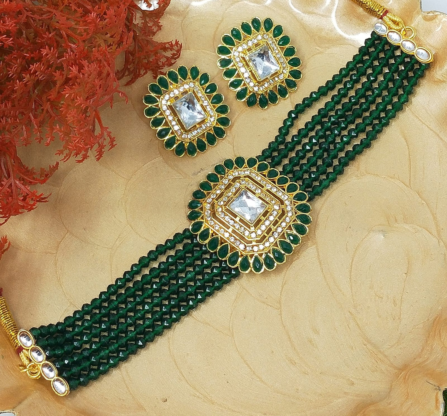 Green Pearl Choker Square Pendent Jewelry Set