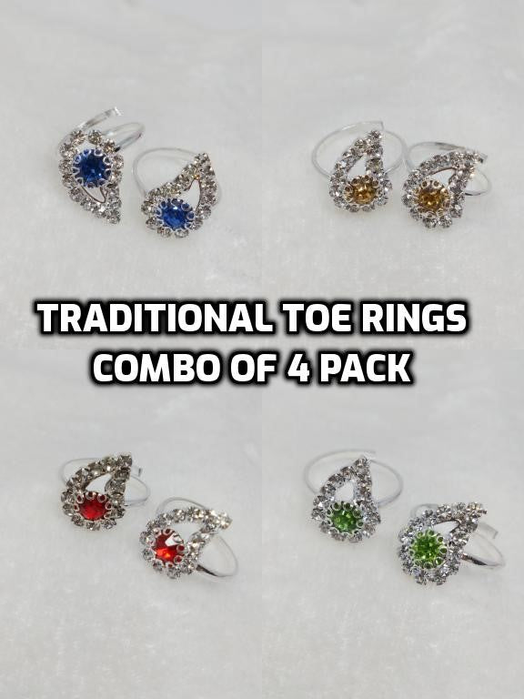 Diamond Studded Traditional Stylist Toe Rings - Silver Plated