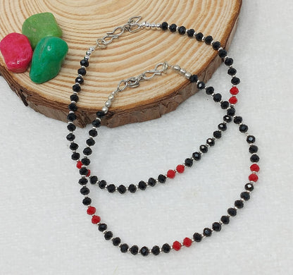 Red & Black Beaded Silver Plated Chain Anklets