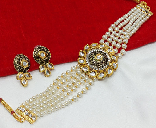 Kundan Studded Multistrand Pearl Choker Necklace Set