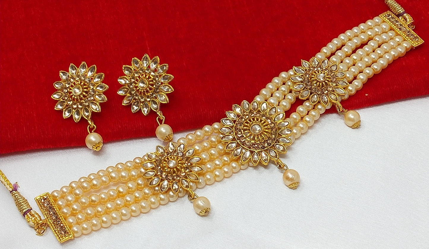 Kundan Studded Multistrand Pearl Choker Necklace Set