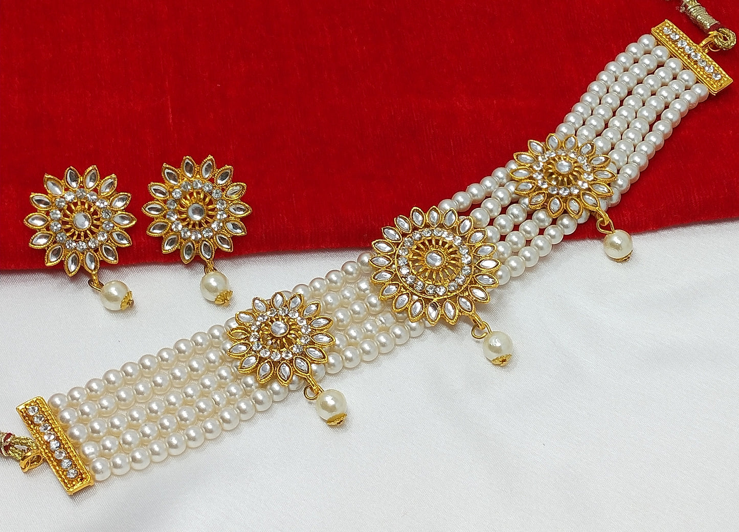 Kundan Studded Multistrand Pearl Choker Necklace Set