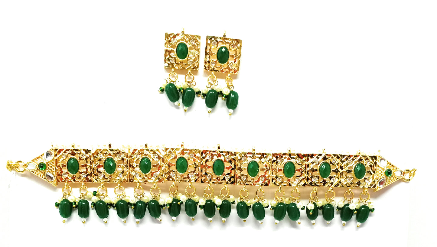 Gold Plated Green Pearl Choker Jewellery Set