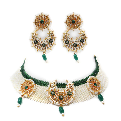 Handcrafted Gold Plated White Green Pearl Choker Jewellery Set