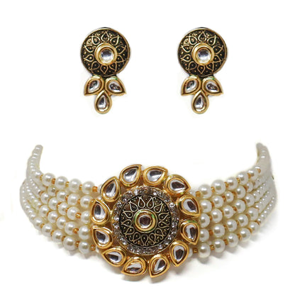 Kundan Studded Multistrand Pearl Choker Necklace Set