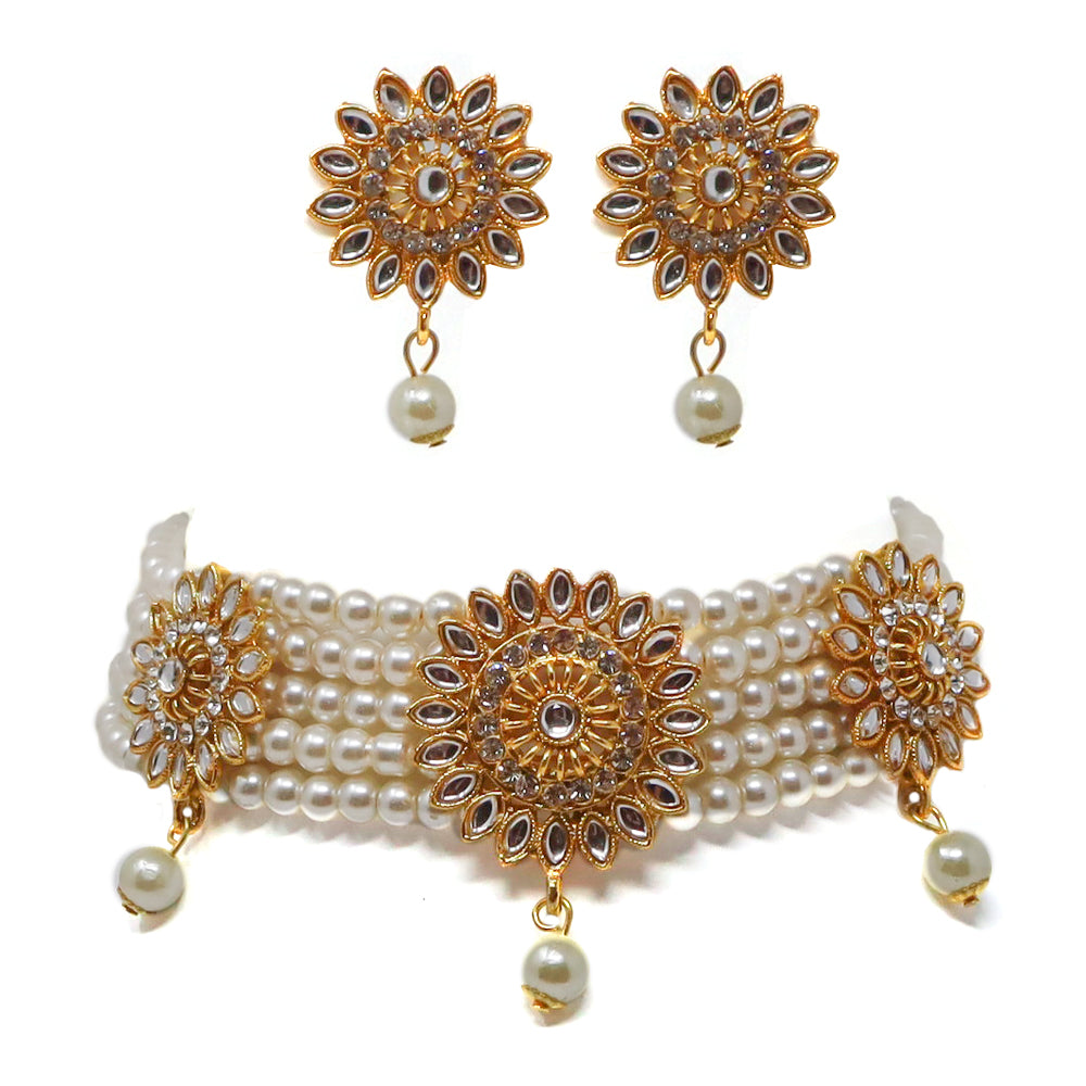 Kundan Studded Multistrand Pearl Choker Necklace Set